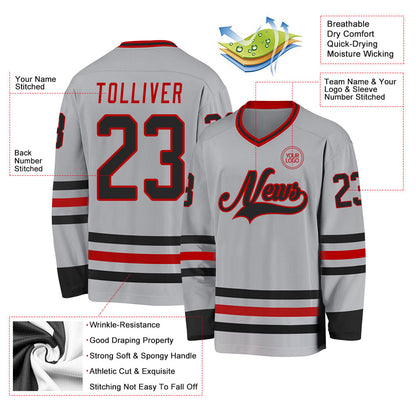 Custom Gray Black-Red Hockey Jersey