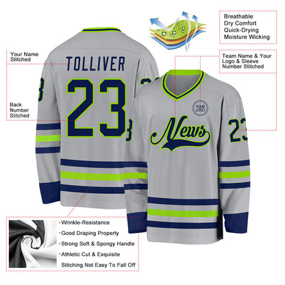 Custom Gray Navy-Neon Green Hockey Jersey