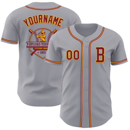 Custom Gray Crimson-Gold Authentic Baseball Jersey