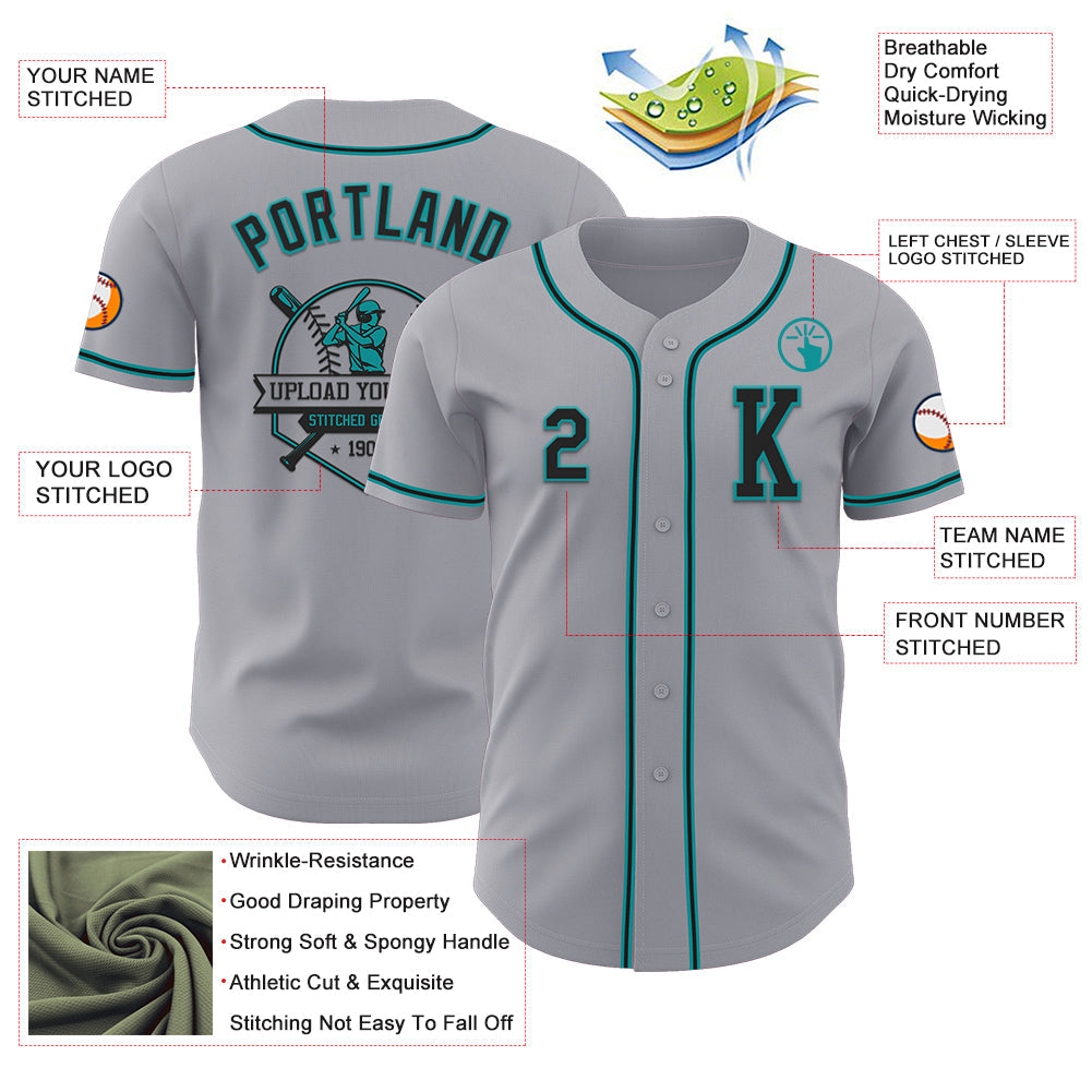 Custom Gray Black-Teal Authentic Baseball Jersey