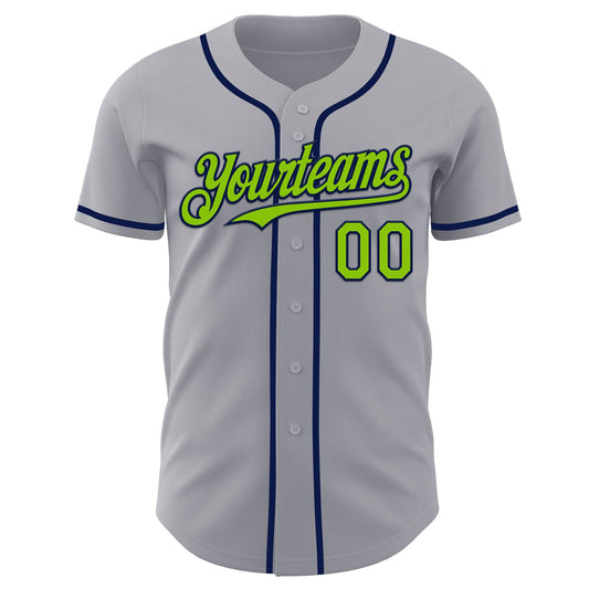Custom Gray Neon Green-Navy Authentic Baseball Jersey