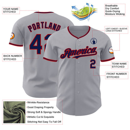 Custom Gray Navy-Red Authentic Baseball Jersey