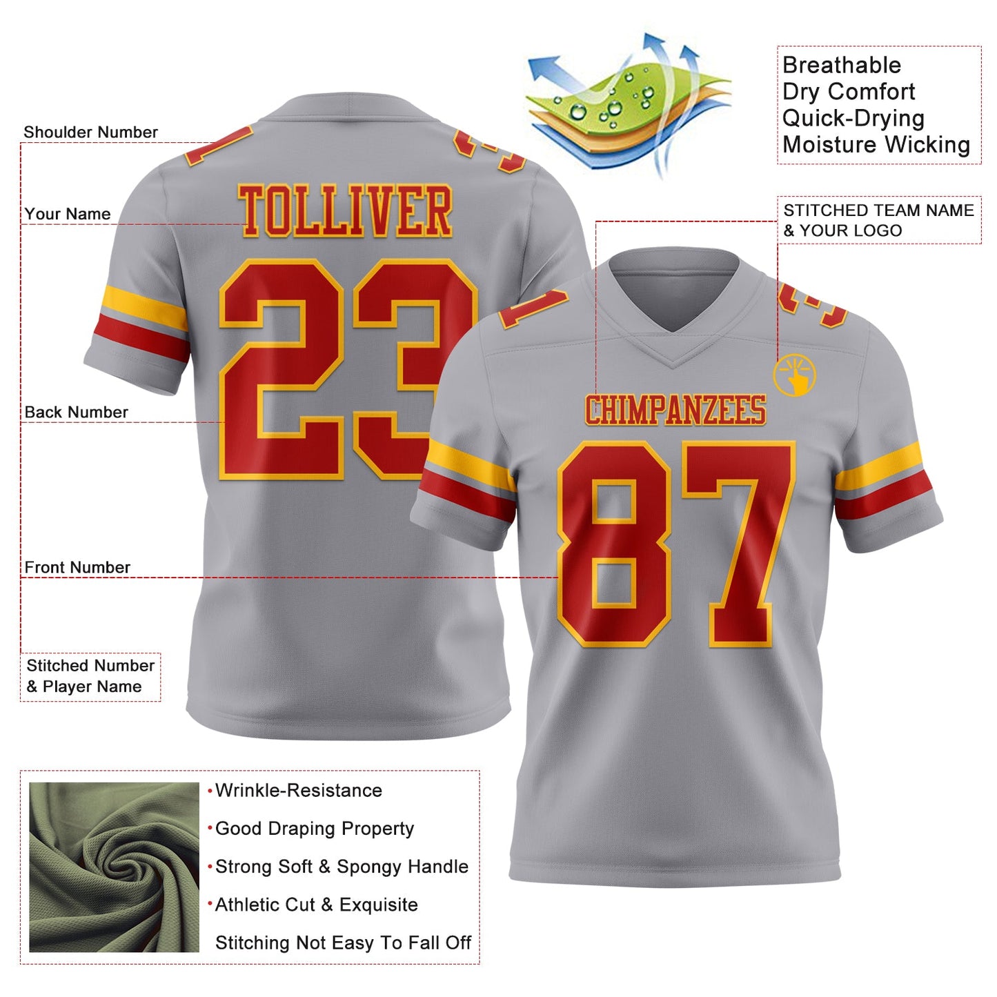 Custom Gray Red-Gold Mesh Authentic Football Jersey