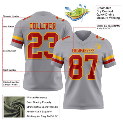 Custom Gray Red-Gold Mesh Authentic Football Jersey
