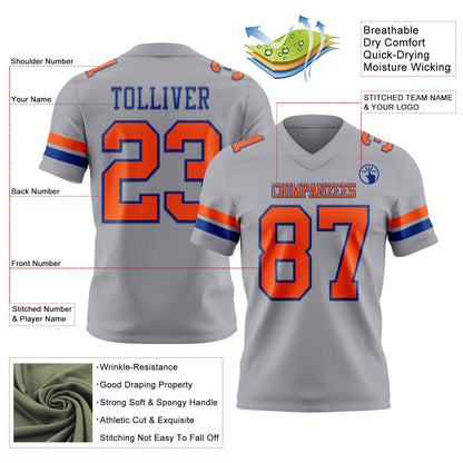 Custom Gray Orange-Royal Mesh Authentic Football Jersey