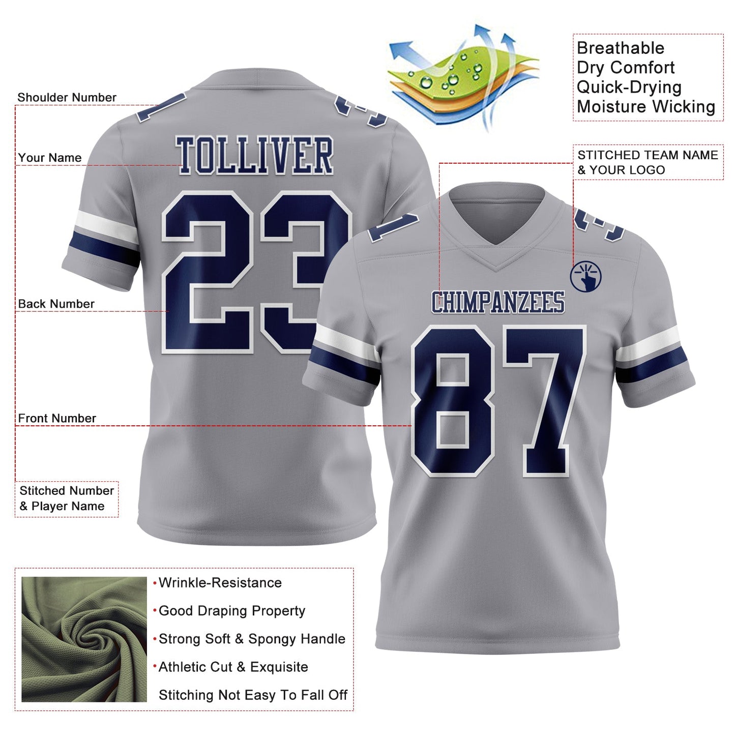 Custom Gray Navy-White Mesh Authentic Football Jersey