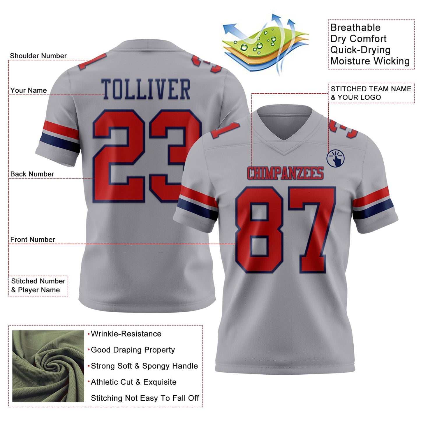 Custom Gray Red-Navy Mesh Authentic Football Jersey