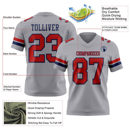 Custom Gray Red-Navy Mesh Authentic Football Jersey
