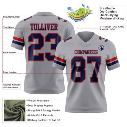 Custom Gray Navy-Red Mesh Authentic Football Jersey