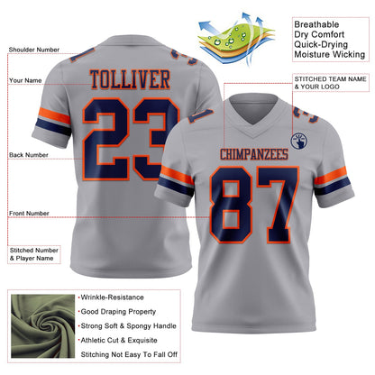 Custom Gray Navy-Orange Mesh Authentic Football Jersey