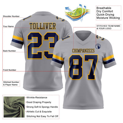 Custom Gray Navy-Gold Mesh Authentic Football Jersey
