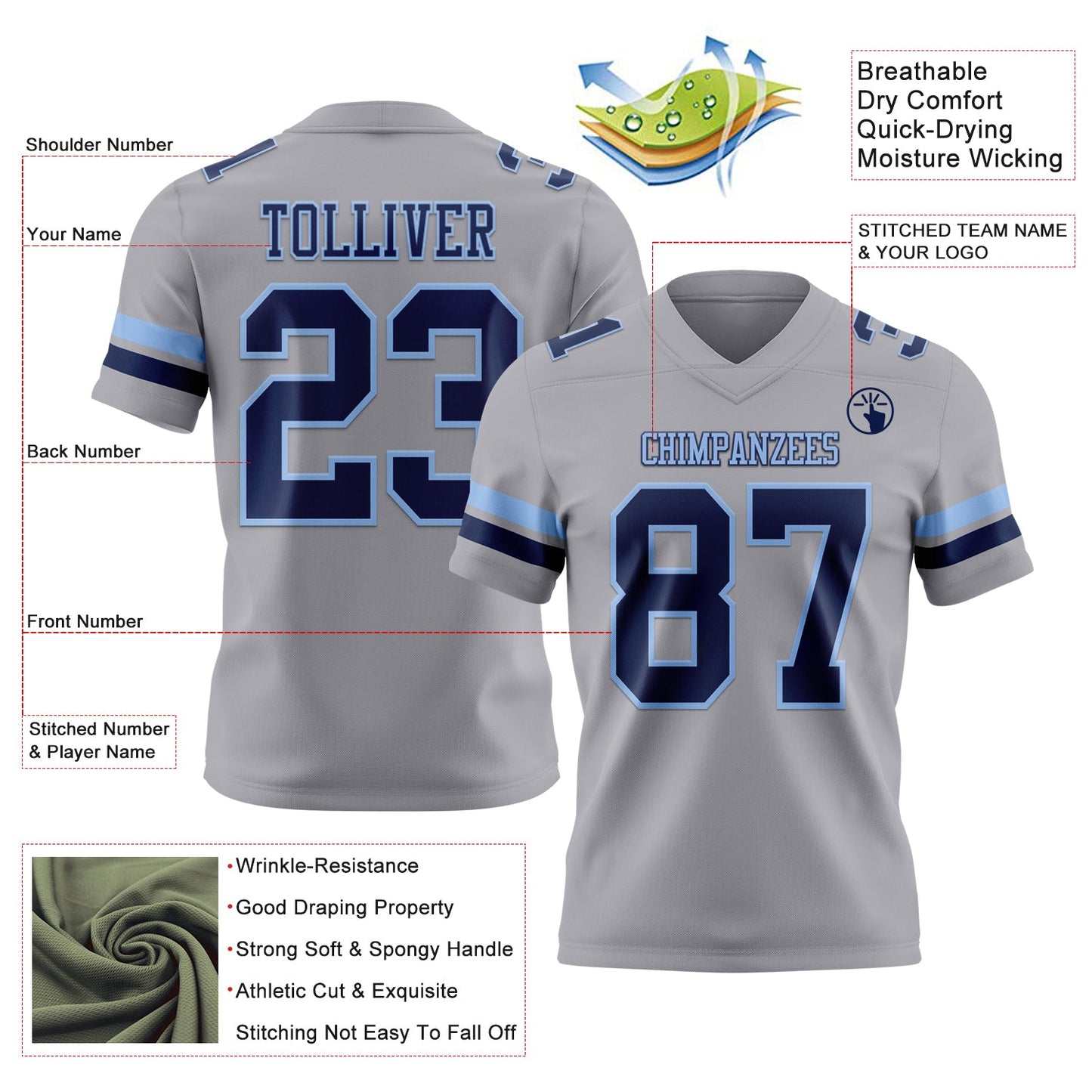 Custom Gray Navy-Light Blue Mesh Authentic Football Jersey