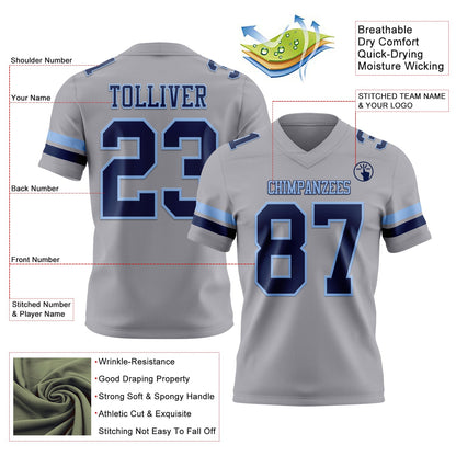 Custom Gray Navy-Light Blue Mesh Authentic Football Jersey