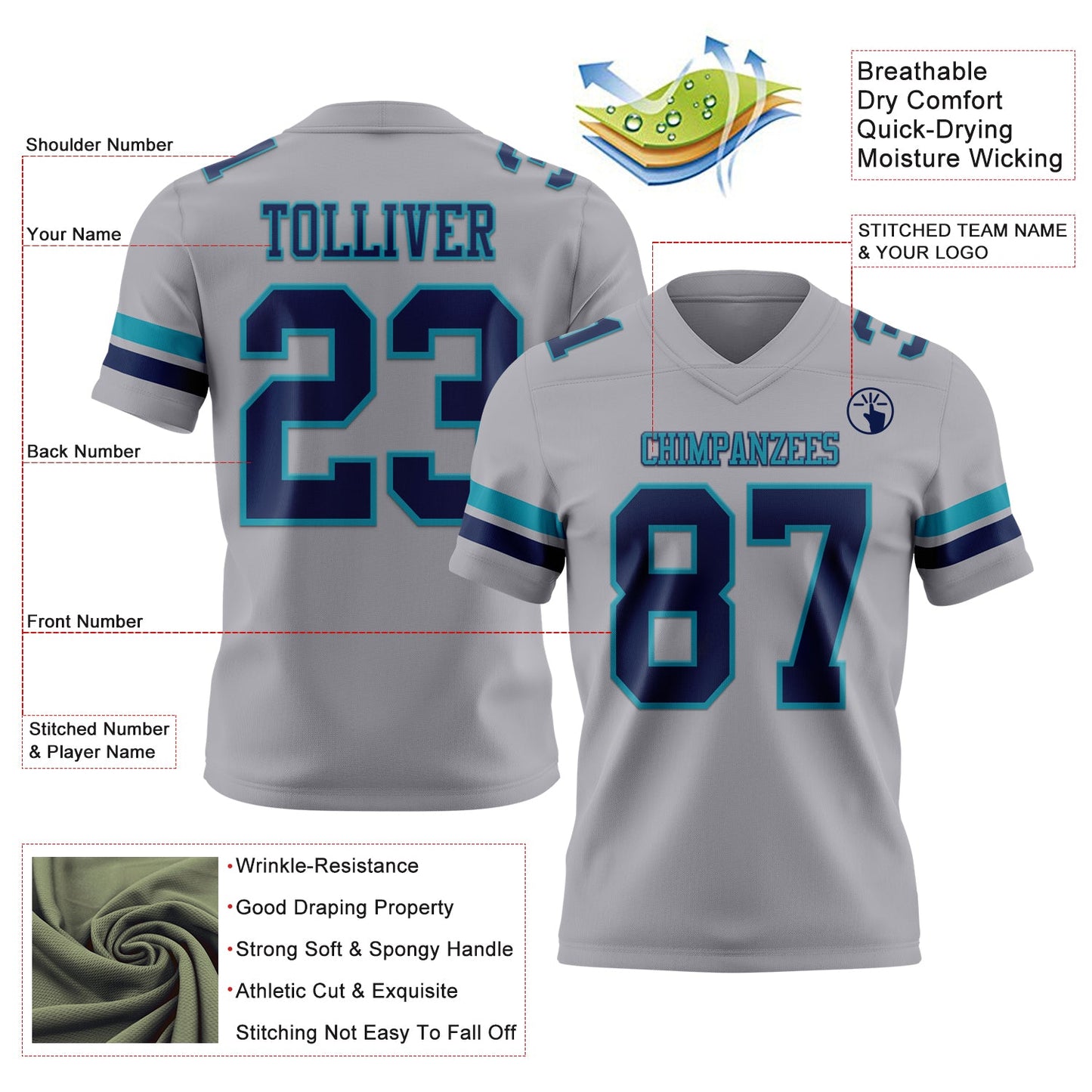 Custom Gray Navy-Teal Mesh Authentic Football Jersey