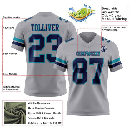 Custom Gray Navy-Teal Mesh Authentic Football Jersey