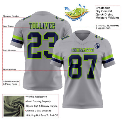 Custom Gray Navy-Neon Green Mesh Authentic Football Jersey