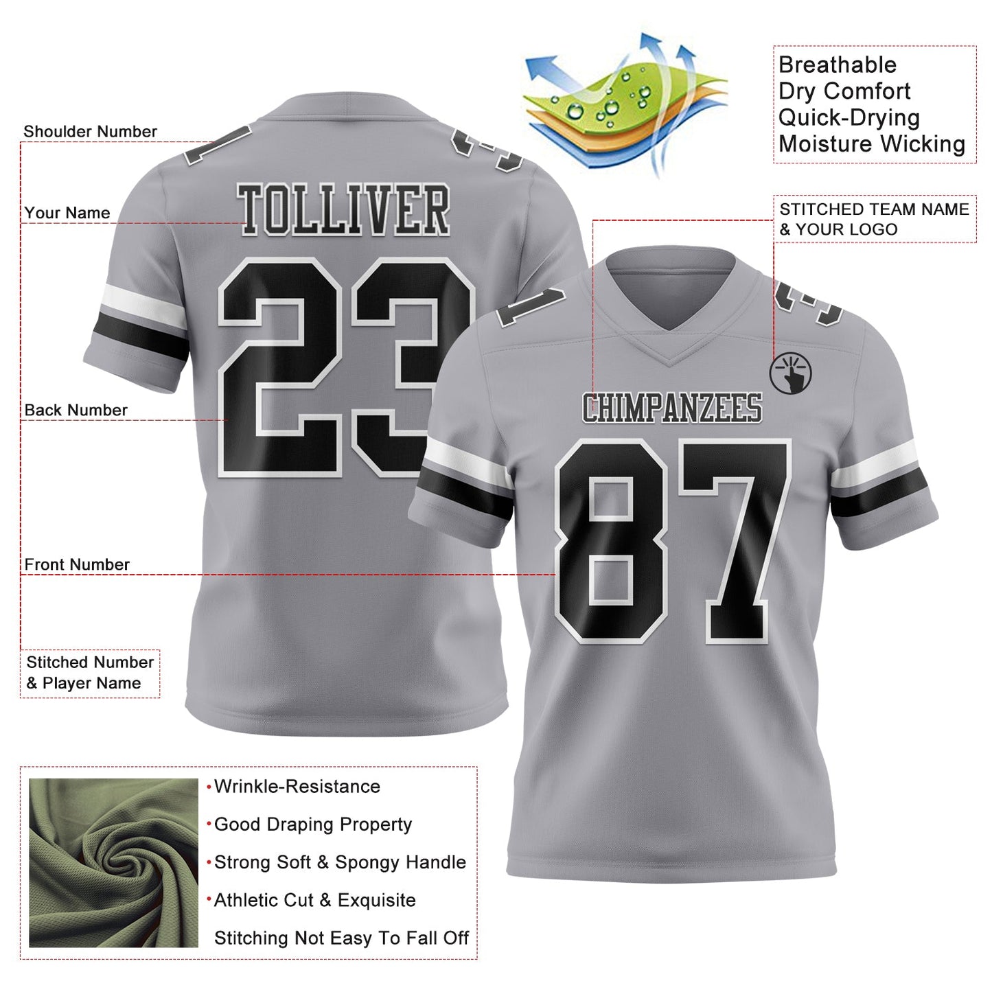 Custom Gray Black-White Mesh Authentic Football Jersey