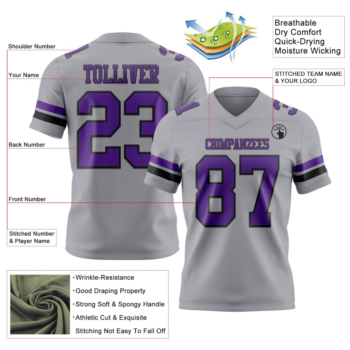 Custom Gray Purple-Black Mesh Authentic Football Jersey
