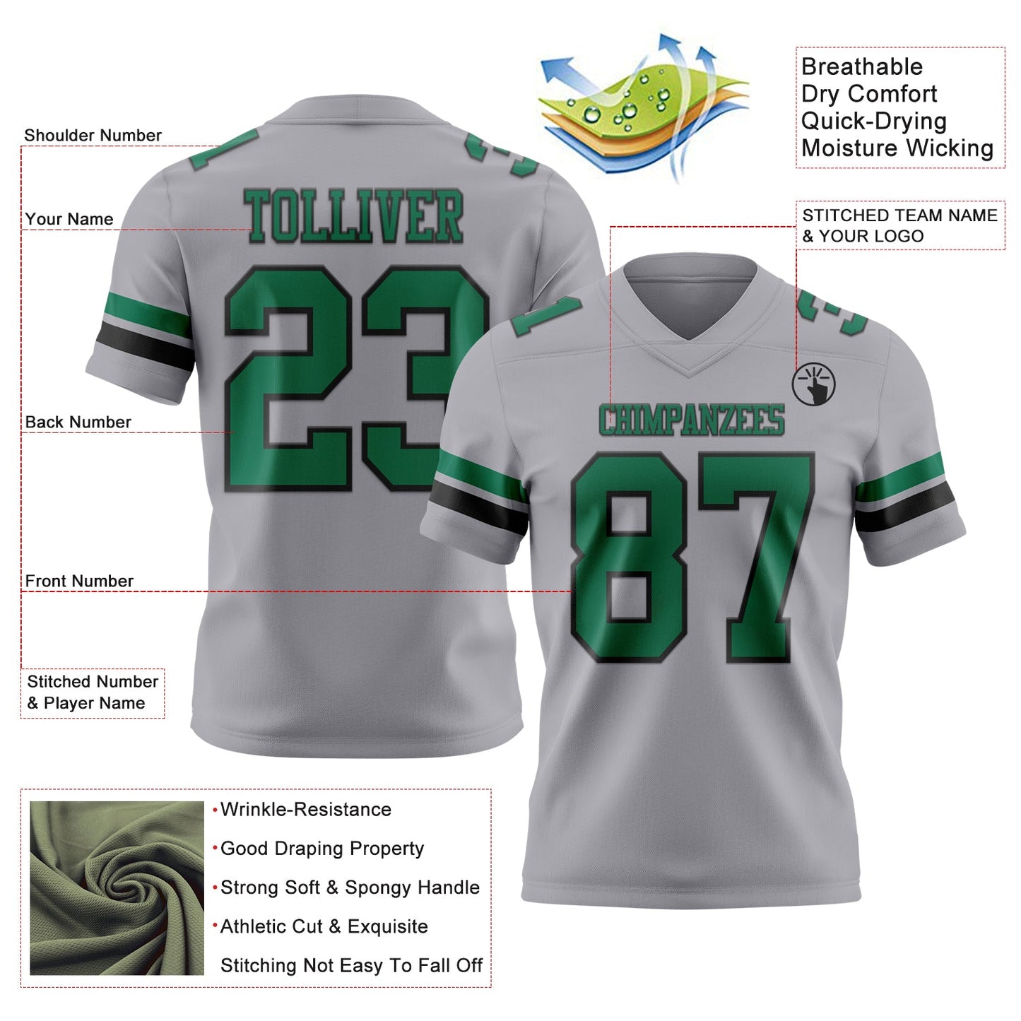 Custom Gray Kelly Green-Black Mesh Authentic Football Jersey