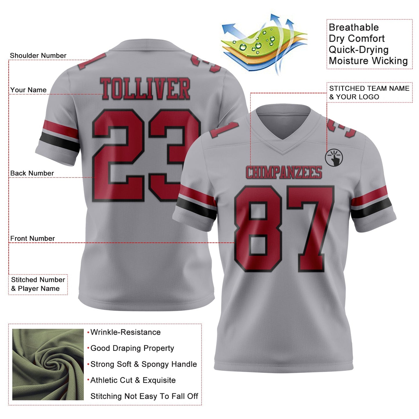 Custom Gray Cardinal-Black Mesh Authentic Football Jersey