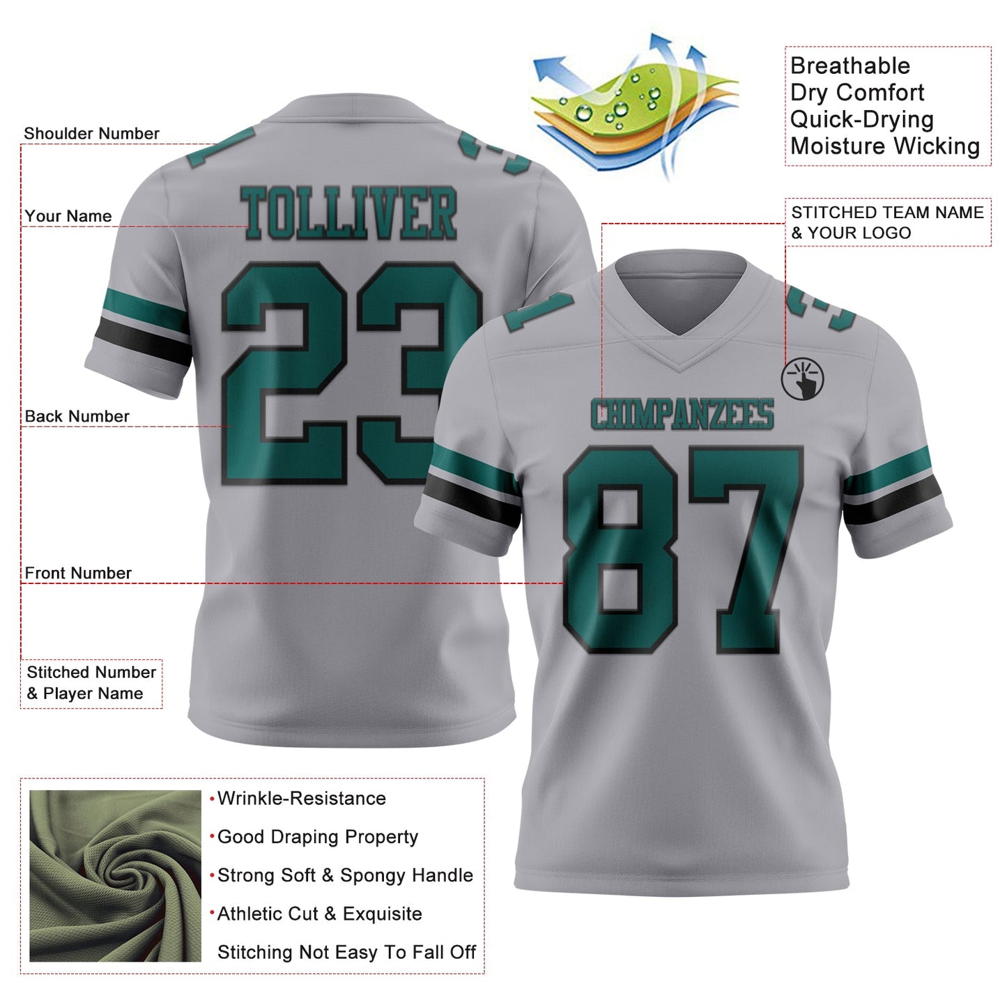Custom Gray Midnight Green-Black Mesh Authentic Football Jersey