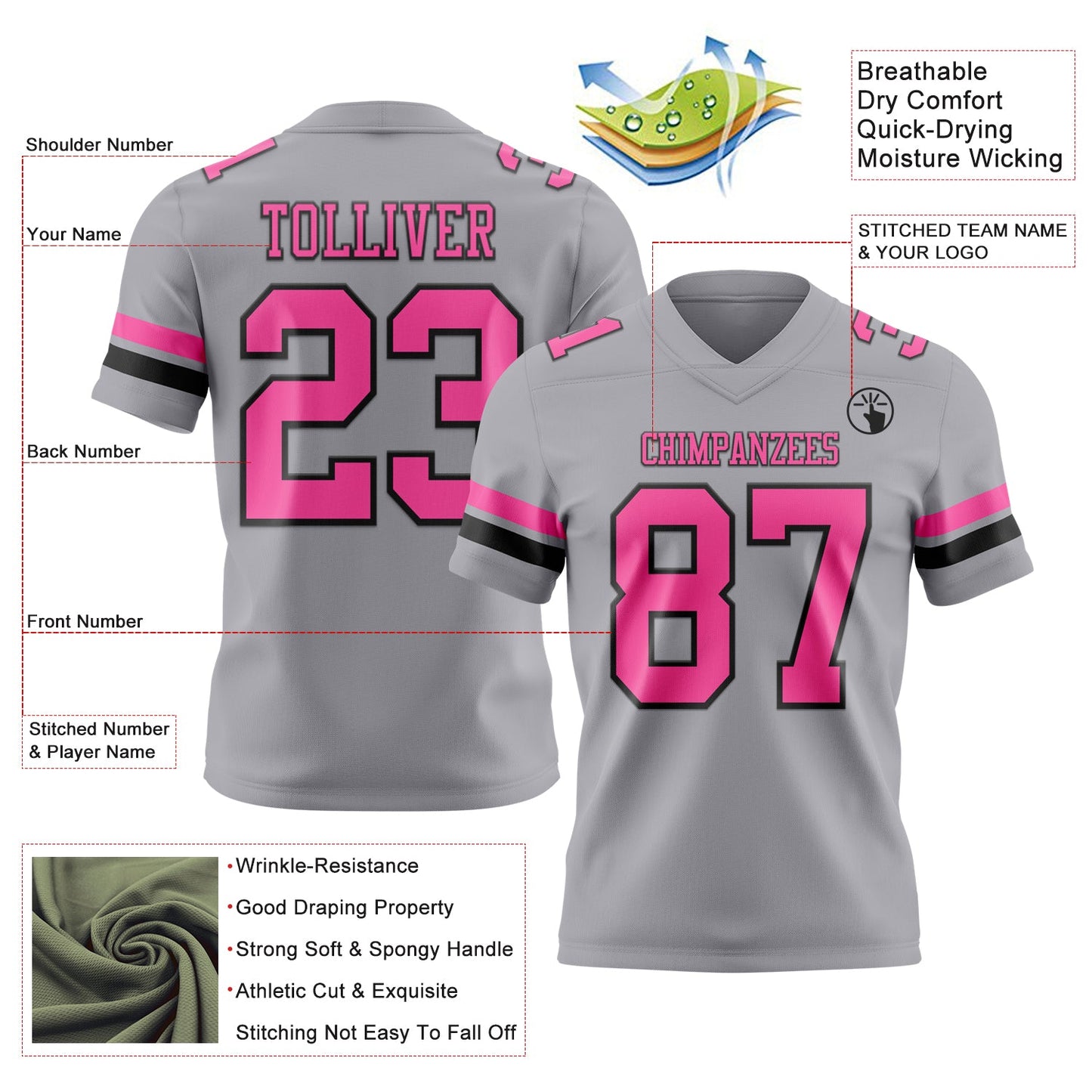 Custom Gray Pink-Black Mesh Authentic Football Jersey