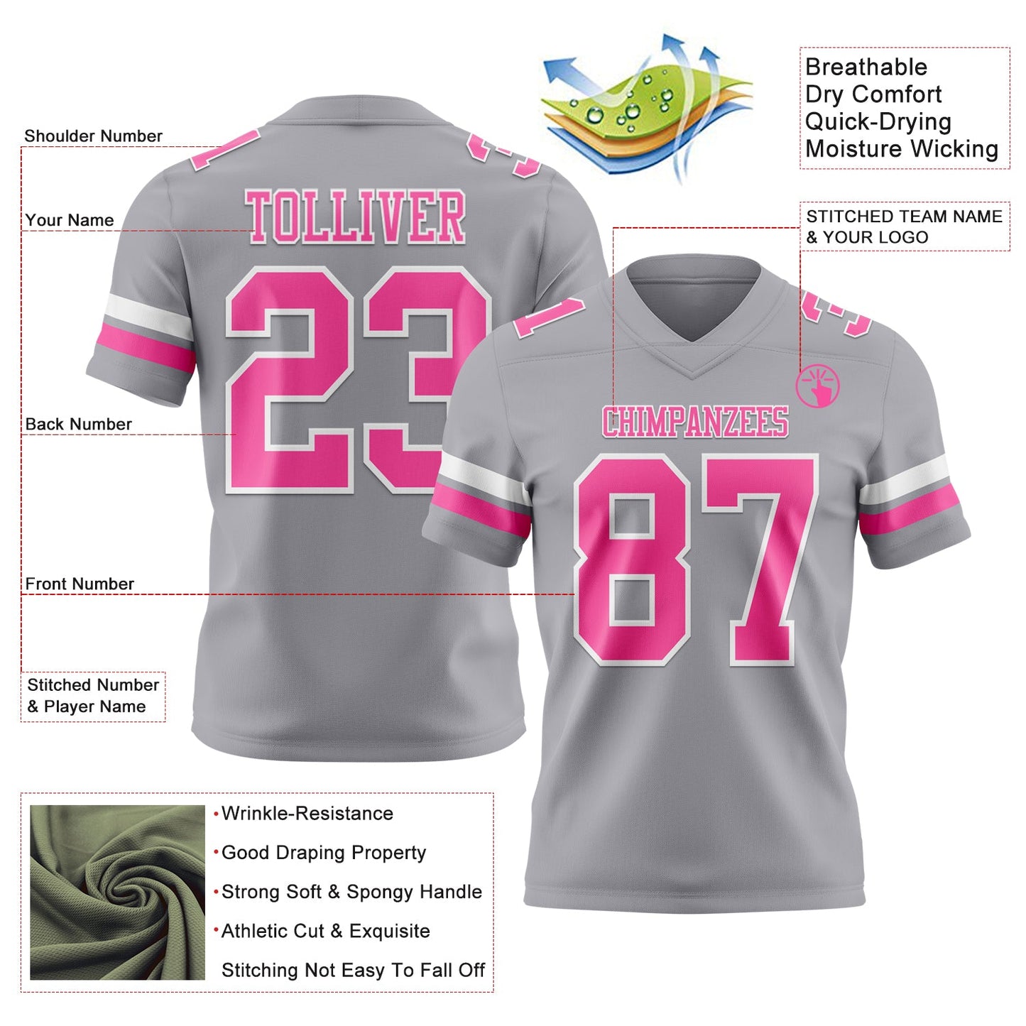 Custom Gray Pink-White Mesh Authentic Football Jersey
