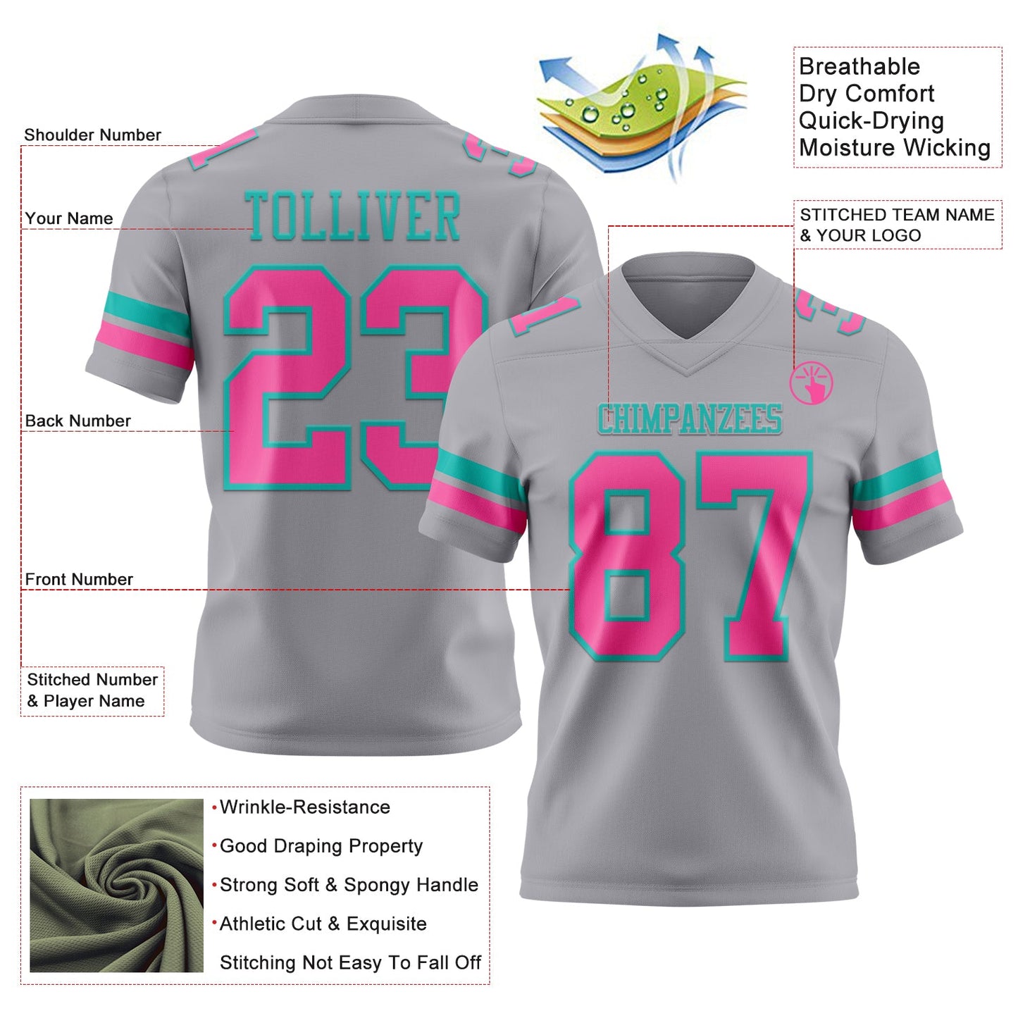 Custom Gray Pink-Aqua Mesh Authentic Football Jersey