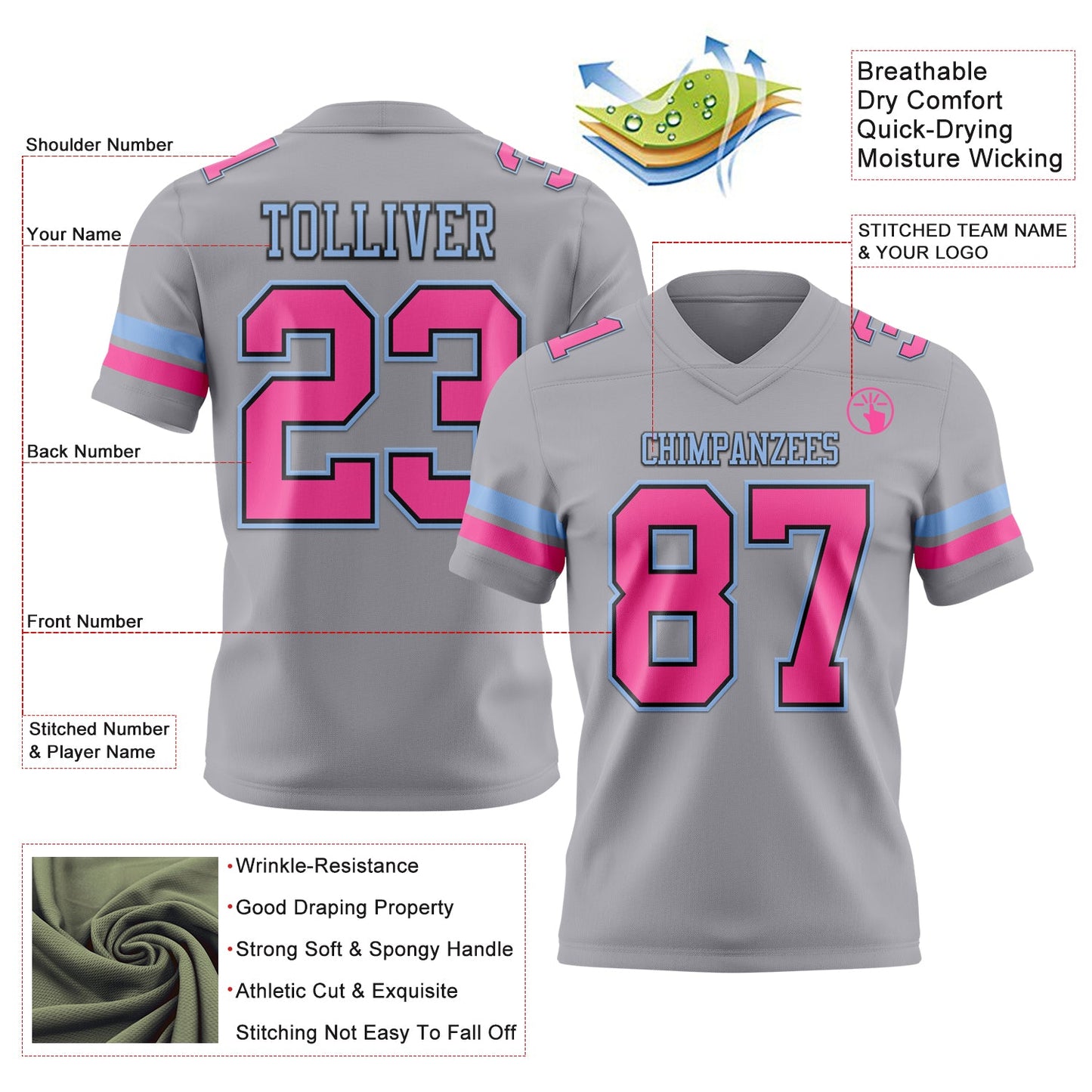 Custom Gray Pink Black-Light Blue Mesh Authentic Football Jersey