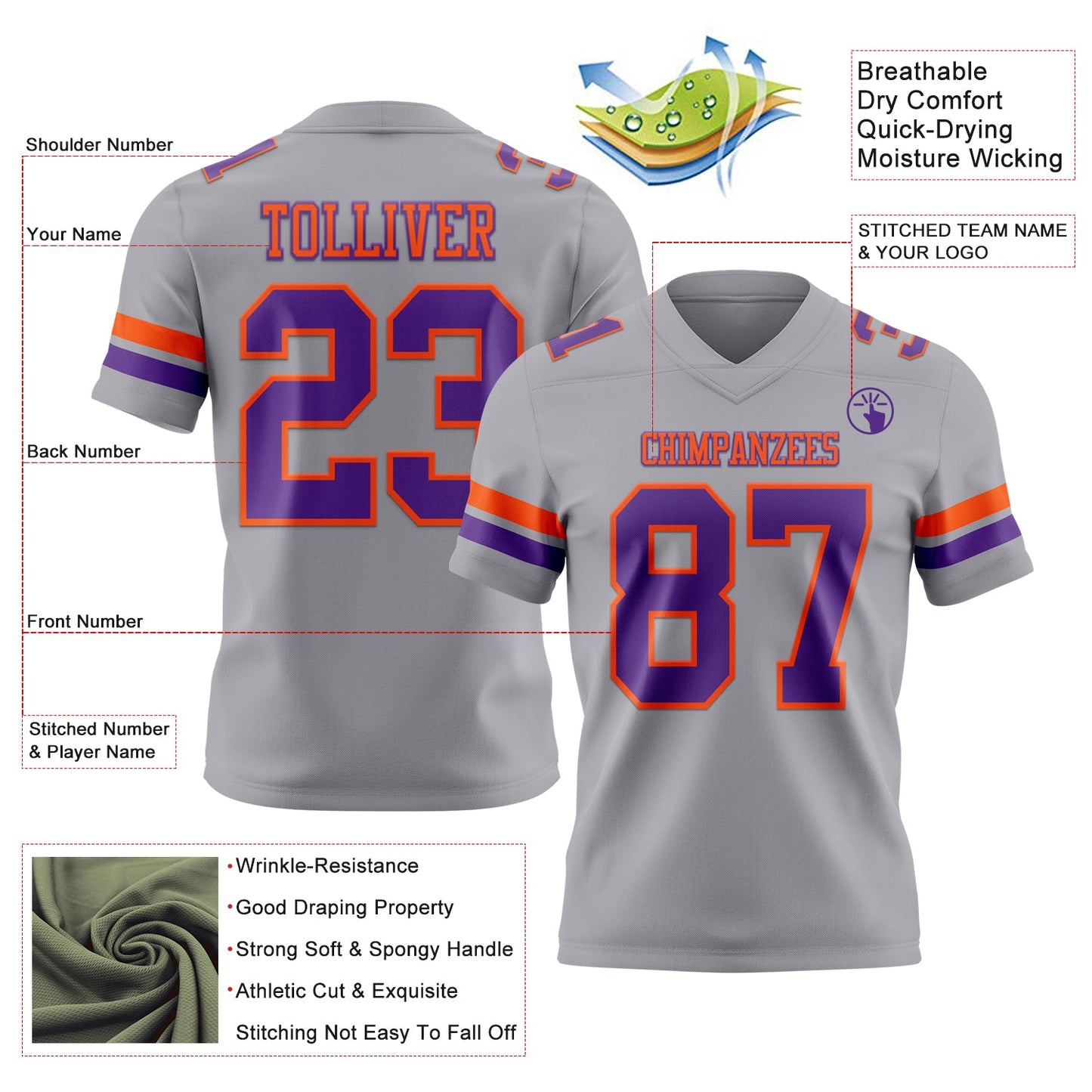 Custom Gray Purple-Orange Mesh Authentic Football Jersey