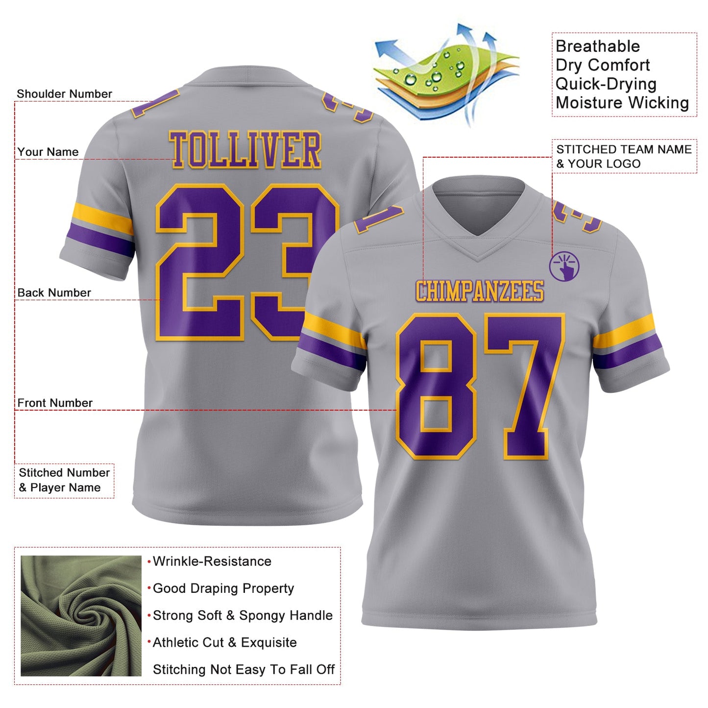 Custom Gray Purple-Gold Mesh Authentic Football Jersey