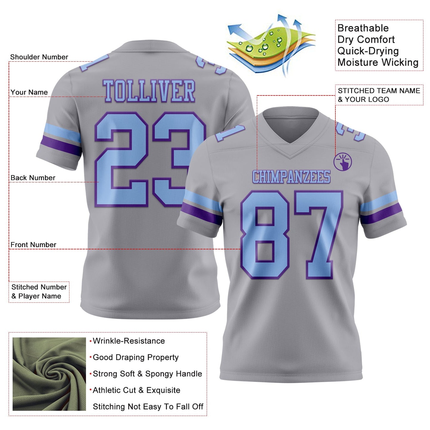 Custom Gray Light Blue-Purple Mesh Authentic Football Jersey