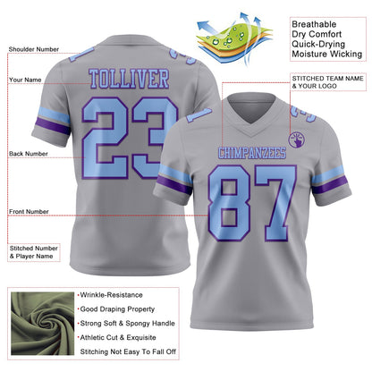Custom Gray Light Blue-Purple Mesh Authentic Football Jersey