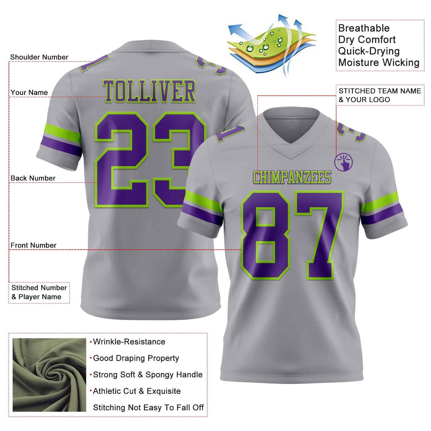 Custom Gray Purple-Neon Green Mesh Authentic Football Jersey