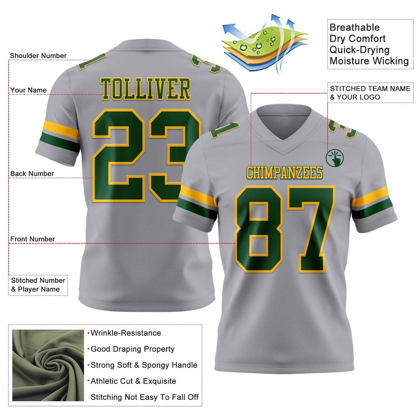 Custom Gray Green-Gold Mesh Authentic Football Jersey