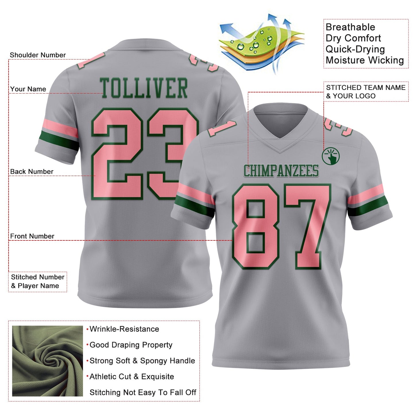 Custom Gray Medium Pink-Green Mesh Authentic Football Jersey