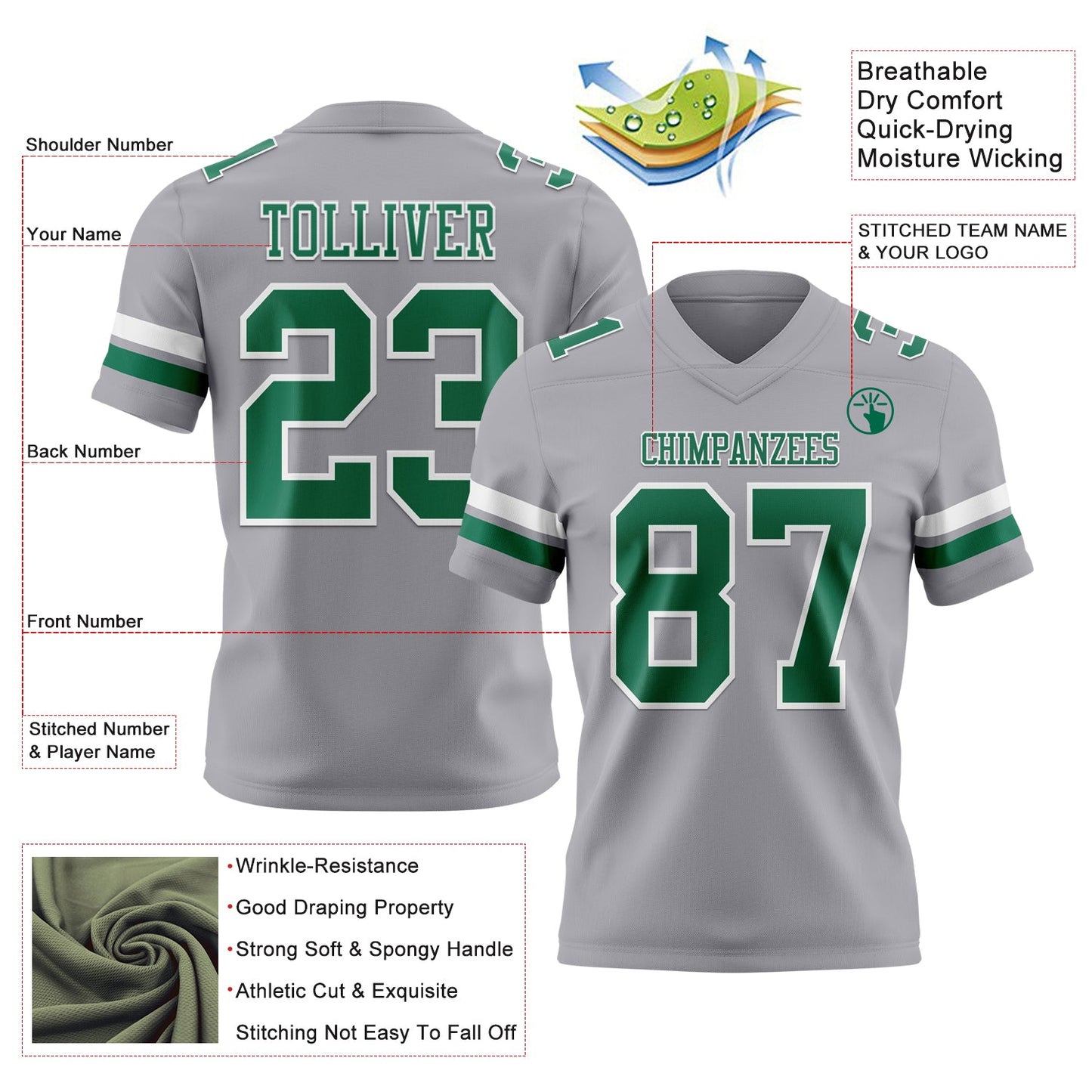 Custom Gray Kelly Green-White Mesh Authentic Football Jersey