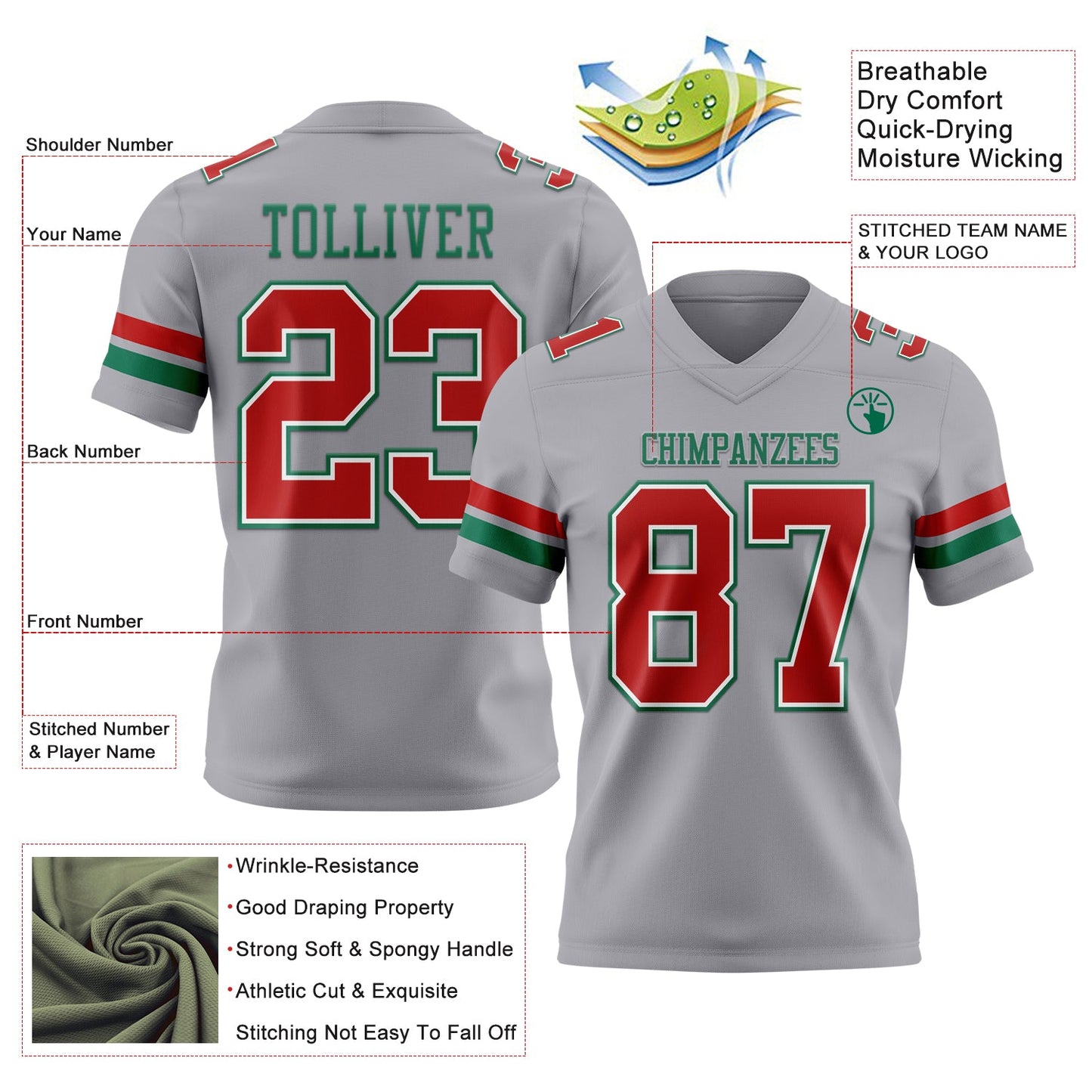 Custom Gray Red White-Kelly Green Mesh Authentic Football Jersey