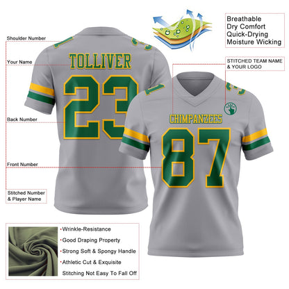 Custom Gray Kelly Green-Gold Mesh Authentic Football Jersey