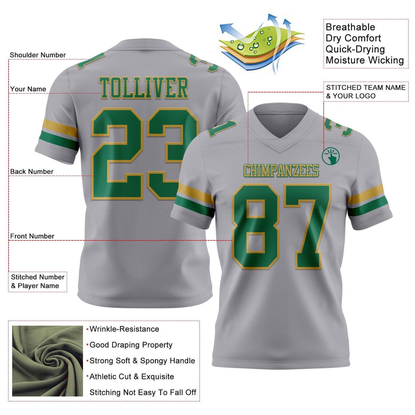 Custom Gray Kelly Green-Old Gold Mesh Authentic Football Jersey