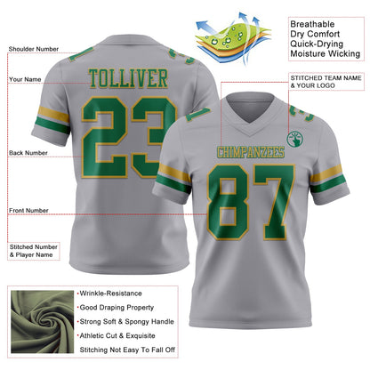 Custom Gray Kelly Green-Old Gold Mesh Authentic Football Jersey