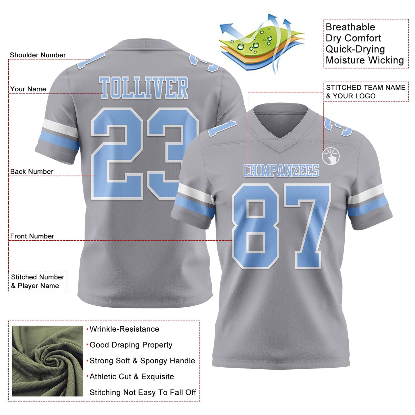Custom Gray Light Blue-White Mesh Authentic Football Jersey