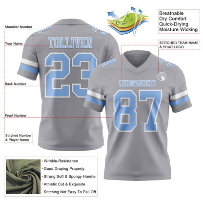 Custom Gray Light Blue-White Mesh Authentic Football Jersey