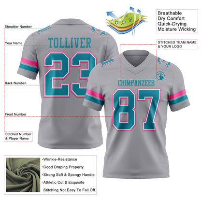 Custom Gray Teal White-Pink Mesh Authentic Football Jersey