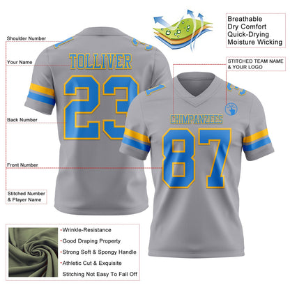Custom Gray Powder Blue-Gold Mesh Authentic Football Jersey