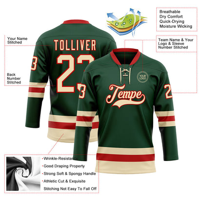 Custom Green Cream-Red Hockey Lace Neck Jersey