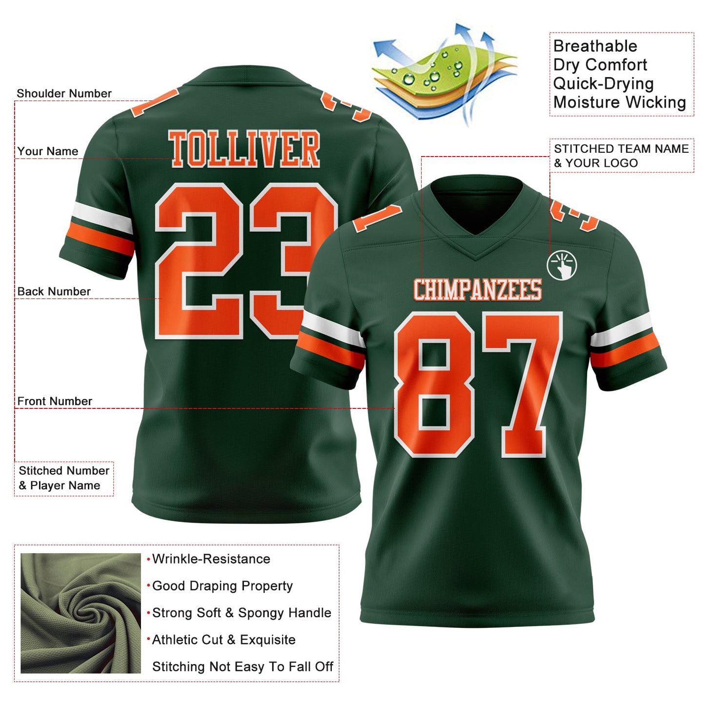 Custom Green Orange-White Mesh Authentic Football Jersey