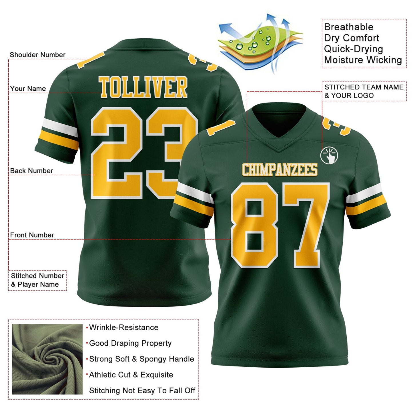 Custom Green Gold-White Mesh Authentic Football Jersey