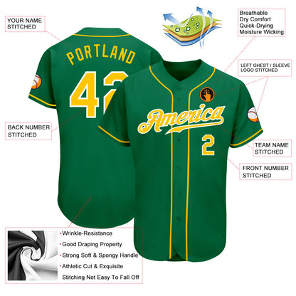 Custom Kelly Green Gold-White Authentic Baseball Jersey
