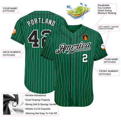 Custom Kelly Green White Pinstripe Black-White Authentic Baseball Jersey